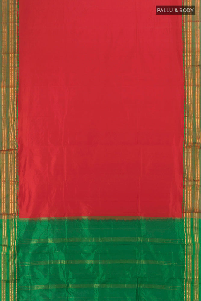 Flat view of Red Narayanpet Silk Saree with Plain Body and Silk Border. 