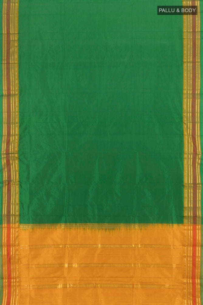 Flat view of Pure Silk Pure Zari Mint Green Narayanpet Saree with Zari Butta on the body and Silk Border. 