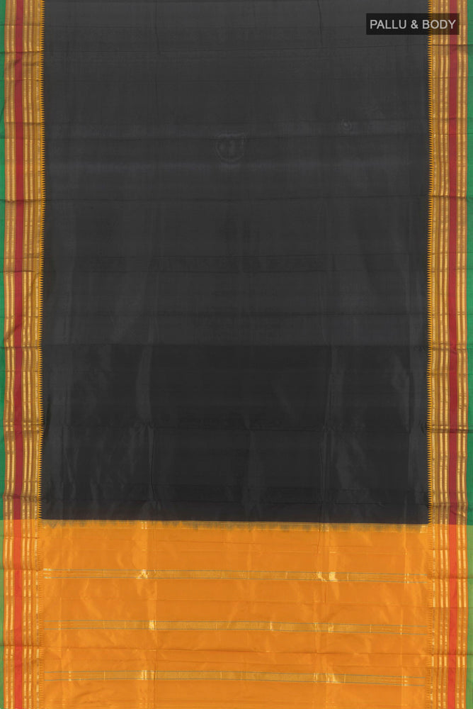 Flat view of Pure Silk Pure Zari Black Narayanpet Saree with Plain Body and Silk Border. 