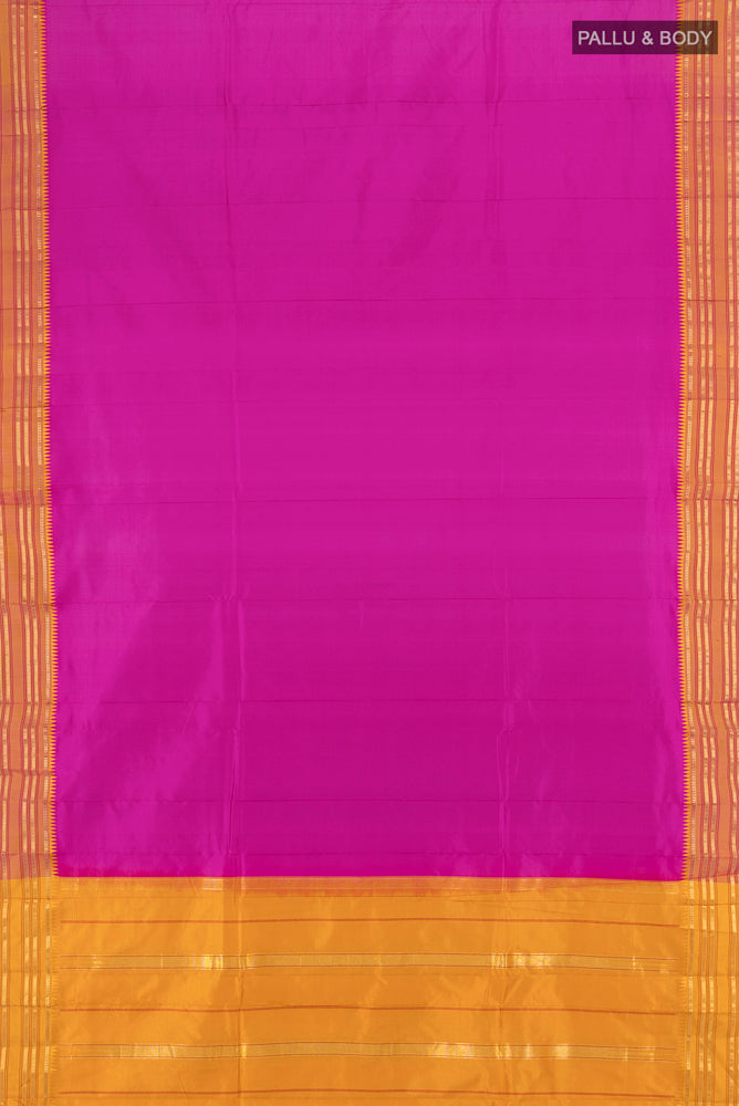 Flat view of Magenta Narayanpet Silk Saree with Zari Butta on the body and Silk Border. 