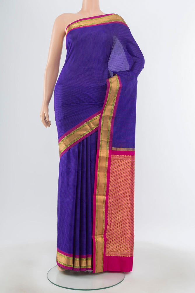 Pure Silk Pure Zari Dark Blue Narayanpet Saree with Plain Body and Silk Border.  displayed on a mannequin