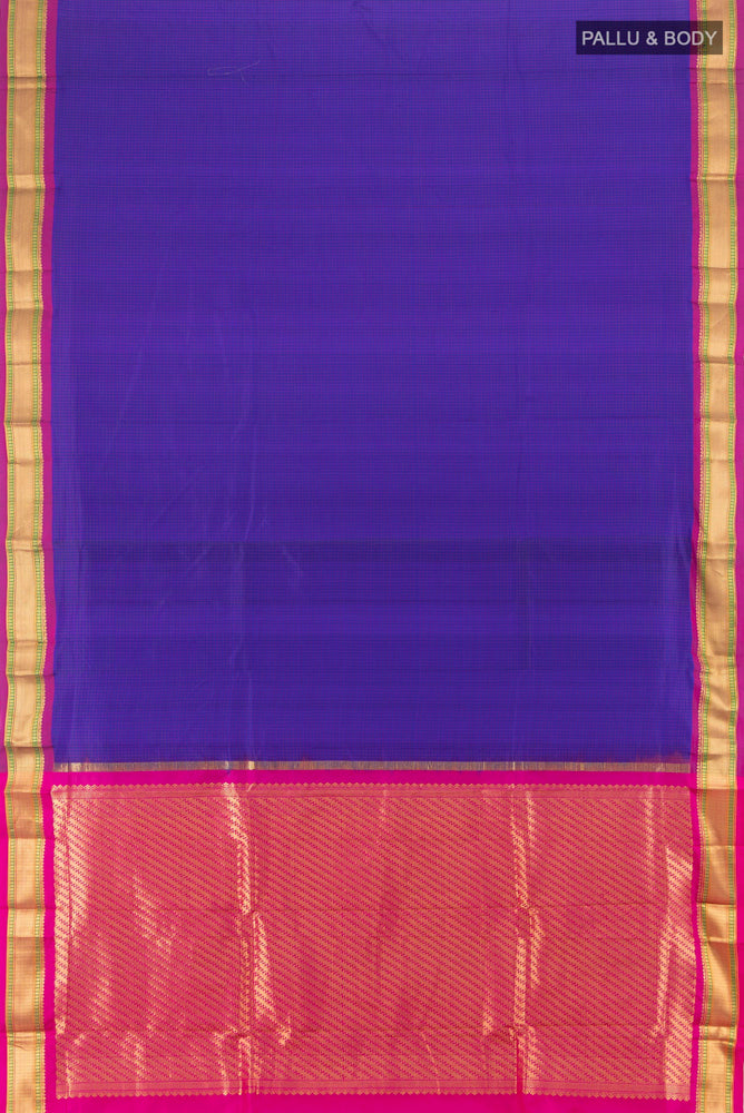 Flat view of Pure Silk Pure Zari Dark Blue Narayanpet Saree with Plain Body and Silk Border. 