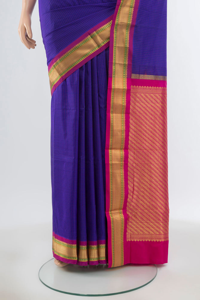 Pleats and pallu of Pure Silk Pure Zari Dark Blue Narayanpet Saree with Plain Body and Silk Border. 