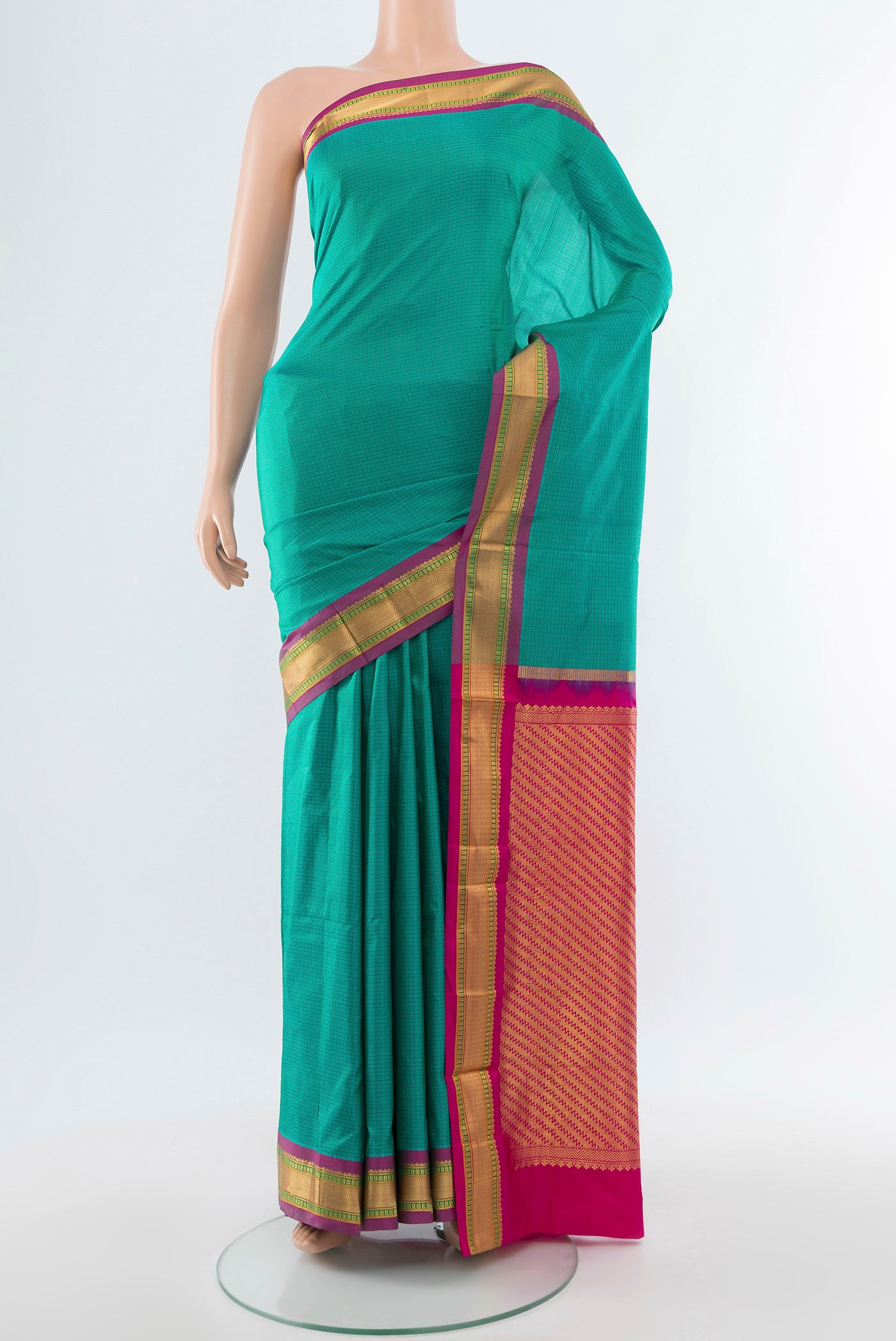 Peacock Blue Narayanpet Silk Saree with Checked design on the body and Silk Border.  displayed on a mannequin