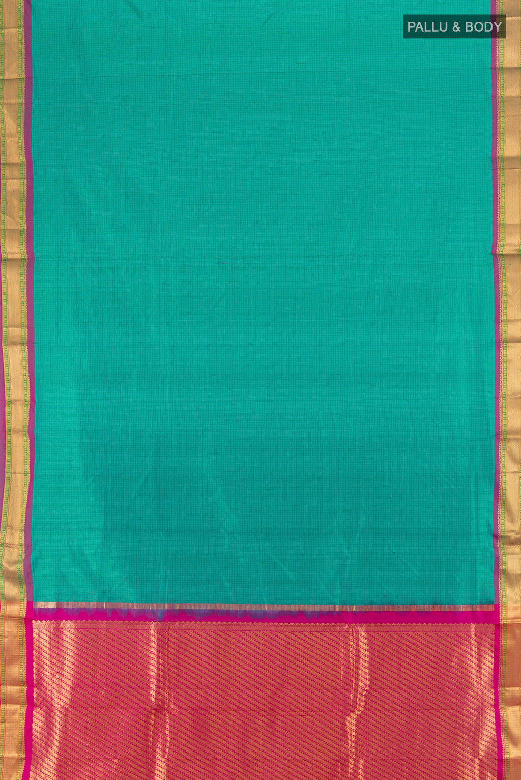 Flat view of Peacock Blue Narayanpet Silk Saree with Checked design on the body and Silk Border. 