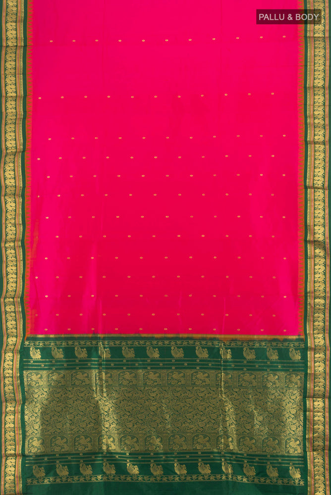 Flat view of Peach Narayanpet Silk Saree with Zari Butta on the body and Silk Border. 