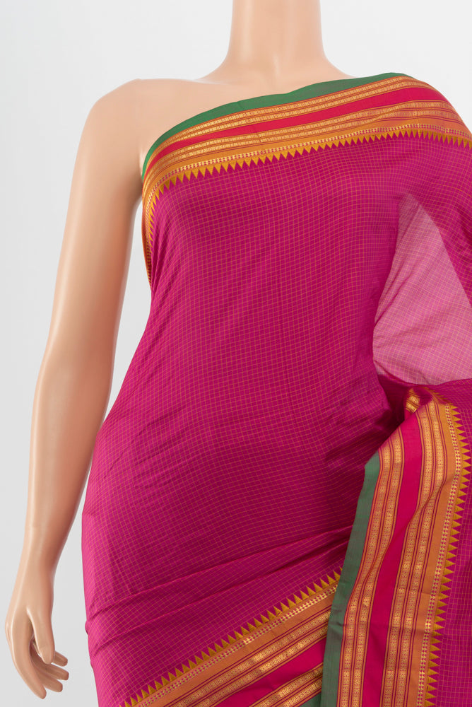 Border image of Pure Silk Pure Zari Dark Pink Narayanpet Saree with Zari Butta on the body and Silk Border. 