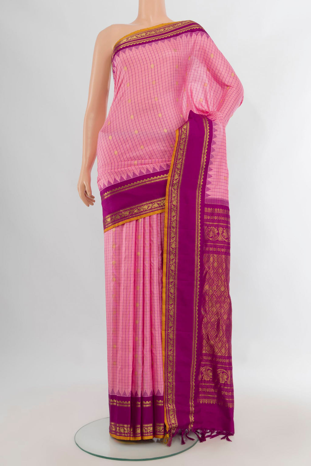 Pure Silk Rose pink Gadwal Saree with Checked design on the body and Zari Border.  displayed on a mannequin