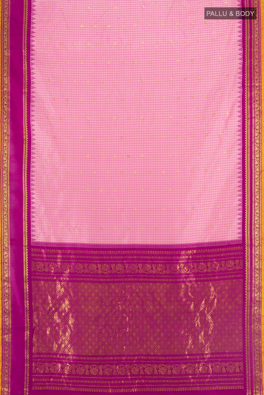 Flat view of Pure Silk Rose pink Gadwal Saree with Checked design on the body and Zari Border. 