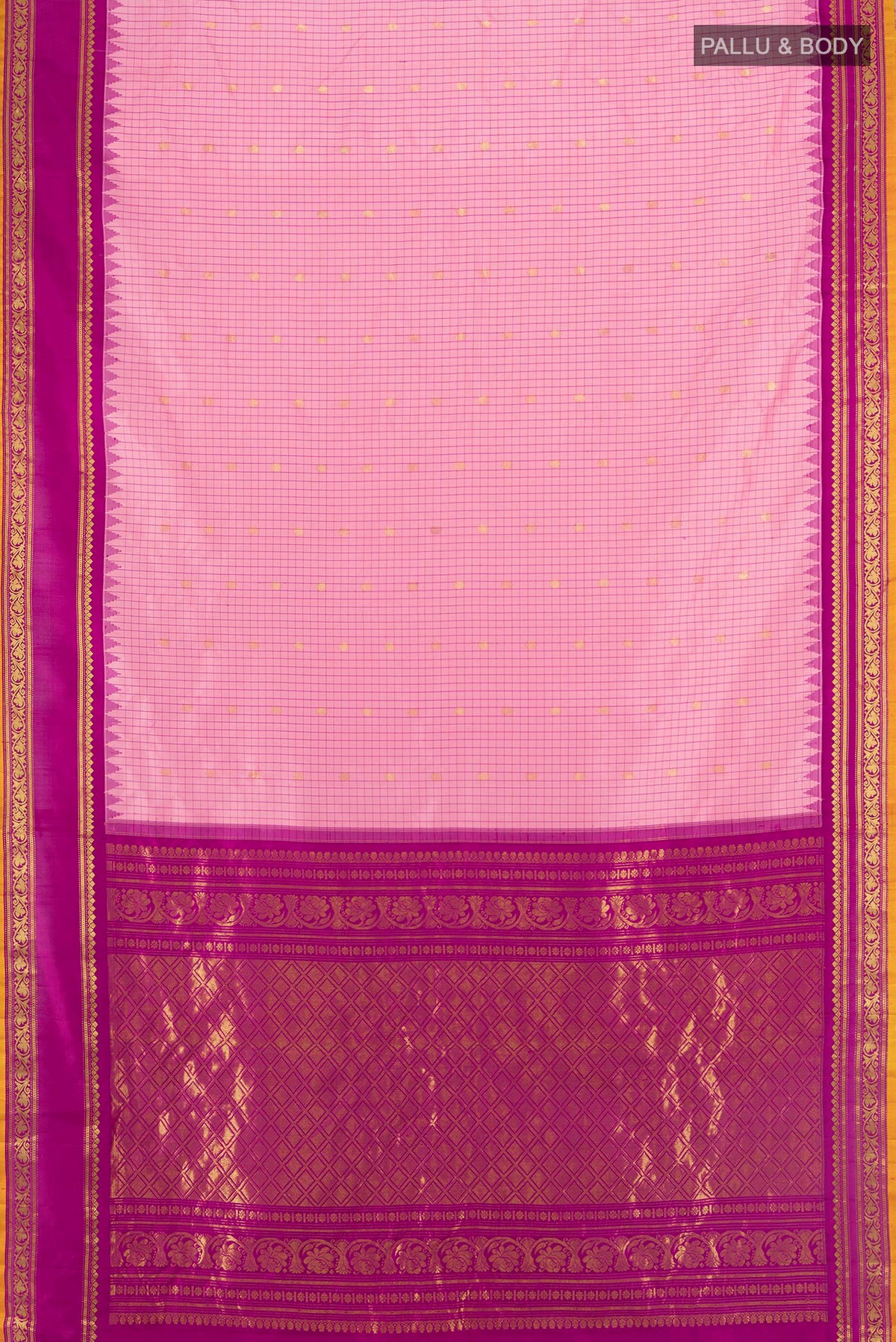Flat view of Pure Silk Rose pink Gadwal Saree with Checked design on the body and Zari Border. 