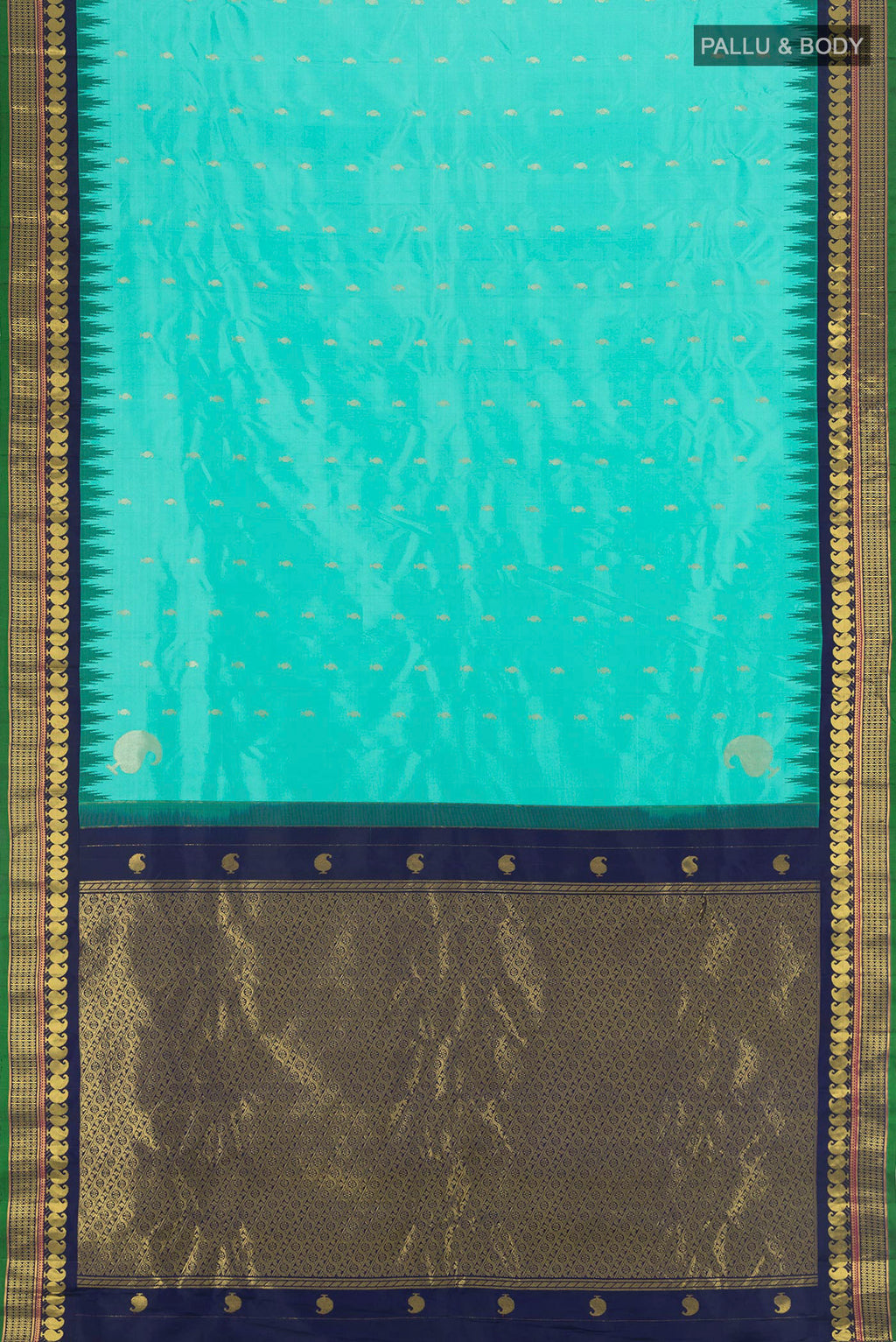 Flat view of Light Blue Gadwal Silk Saree with Zari Butta on the body and Zari Border. 