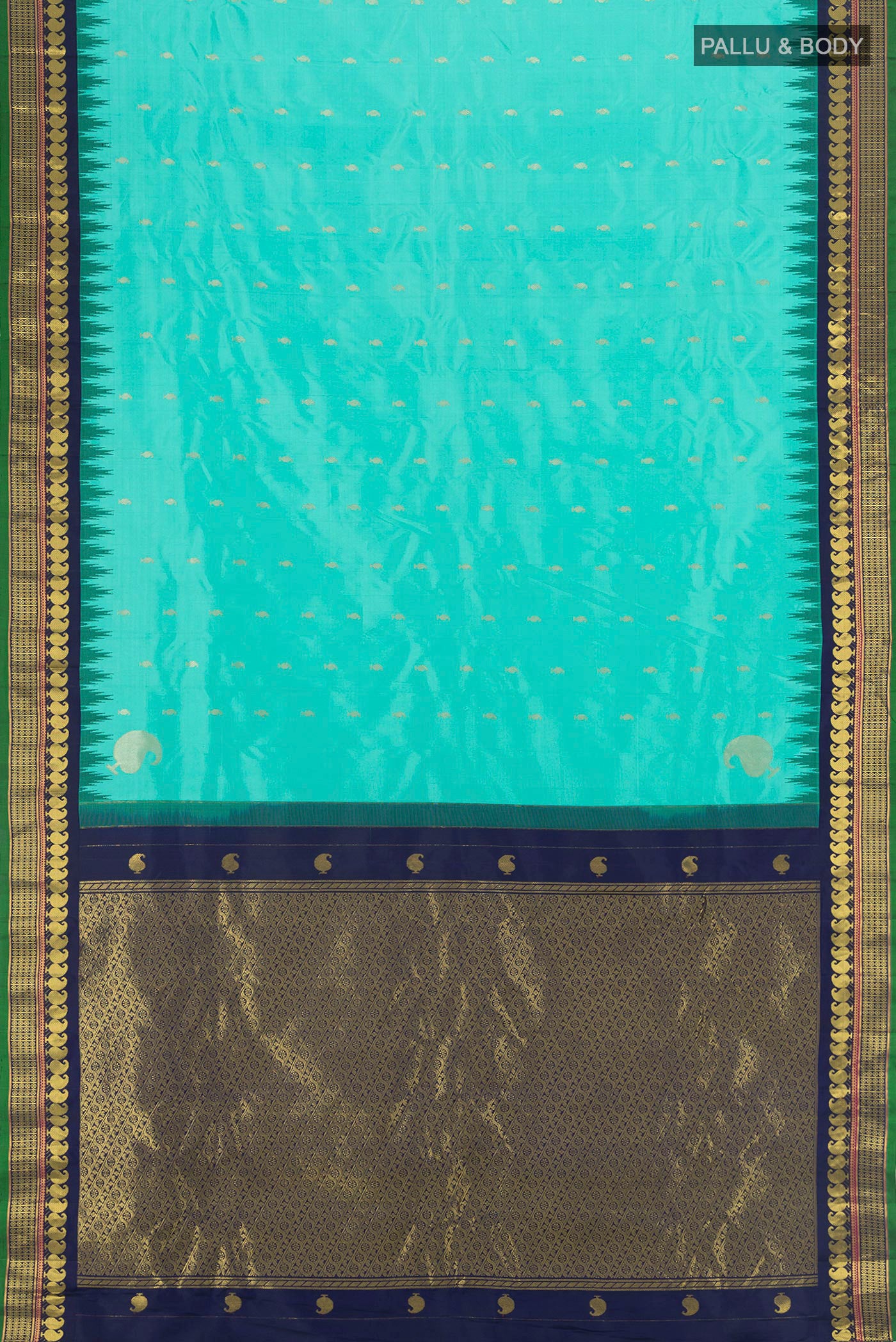 Flat view of Light Blue Gadwal Silk Saree with Zari Butta on the body and Zari Border. 