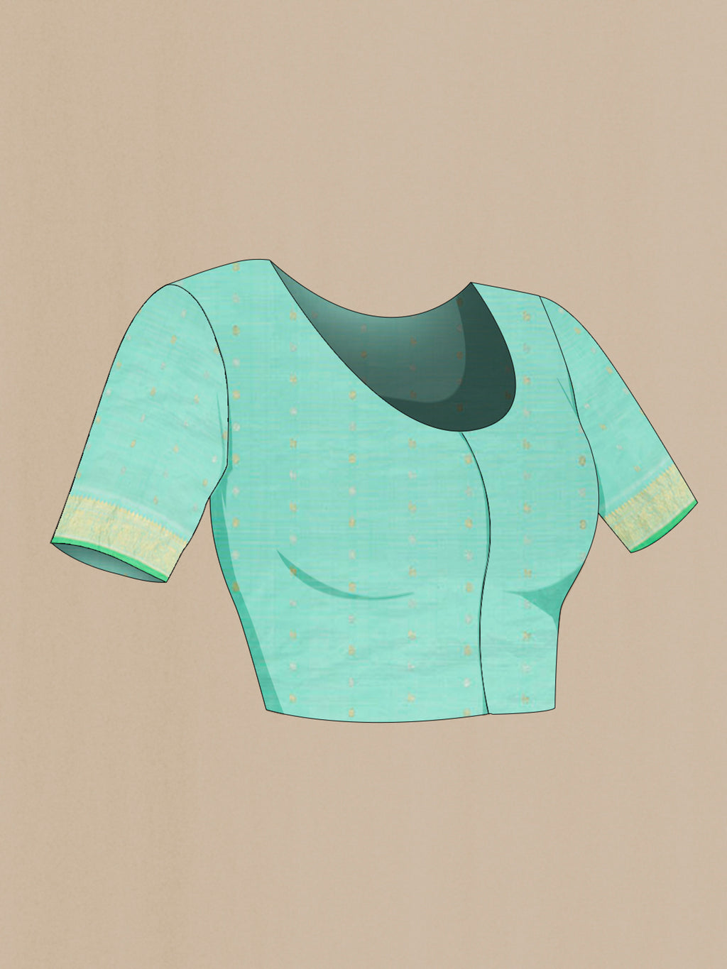 Close up image of the blouse of Pure Silk Sea Green Gadwal Saree with Checked design on the body and Zari Border. 