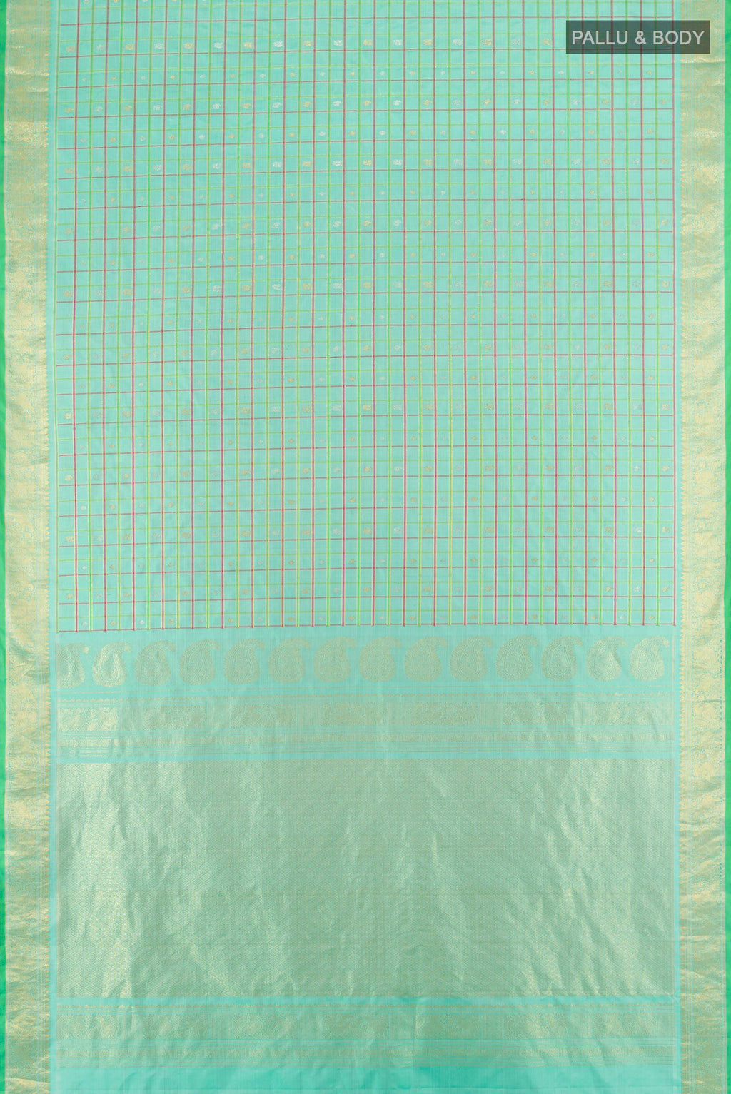 Flat view of Pure Silk Sea Green Gadwal Saree with Checked design on the body and Zari Border. 