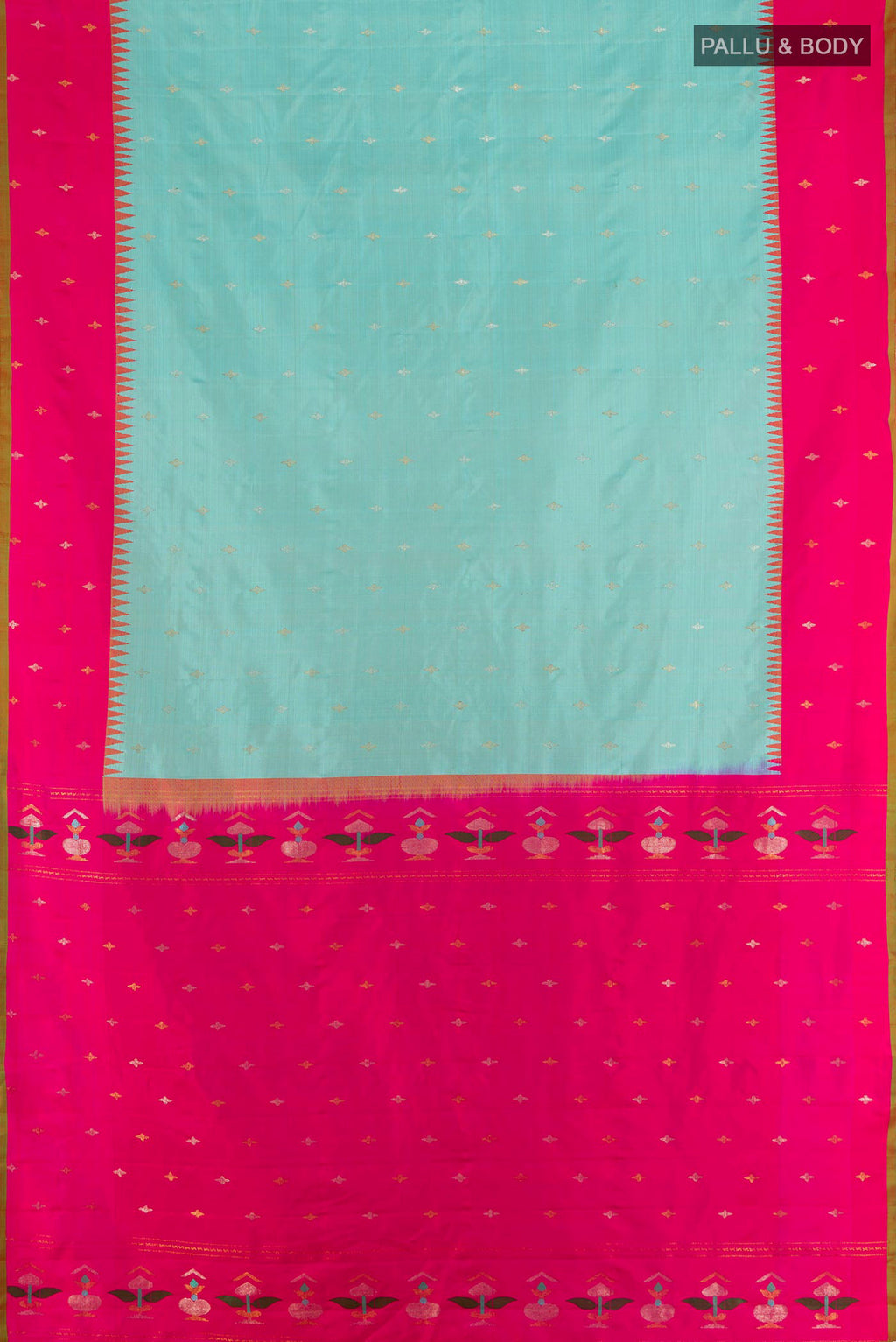 Flat view of Pure Silk Light Blue Gadwal Saree with Zari Butta on the body and Zari Border. 
