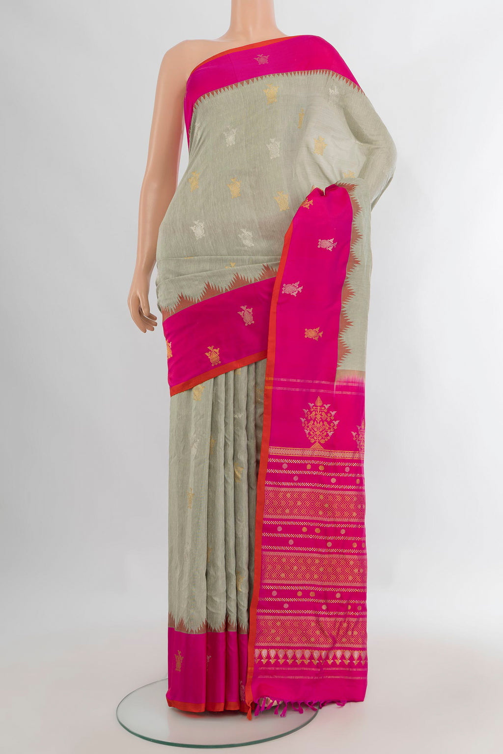Pure Silk Grey Gadwal Saree with Zari Butta on the body and Zari Border.  displayed on a mannequin