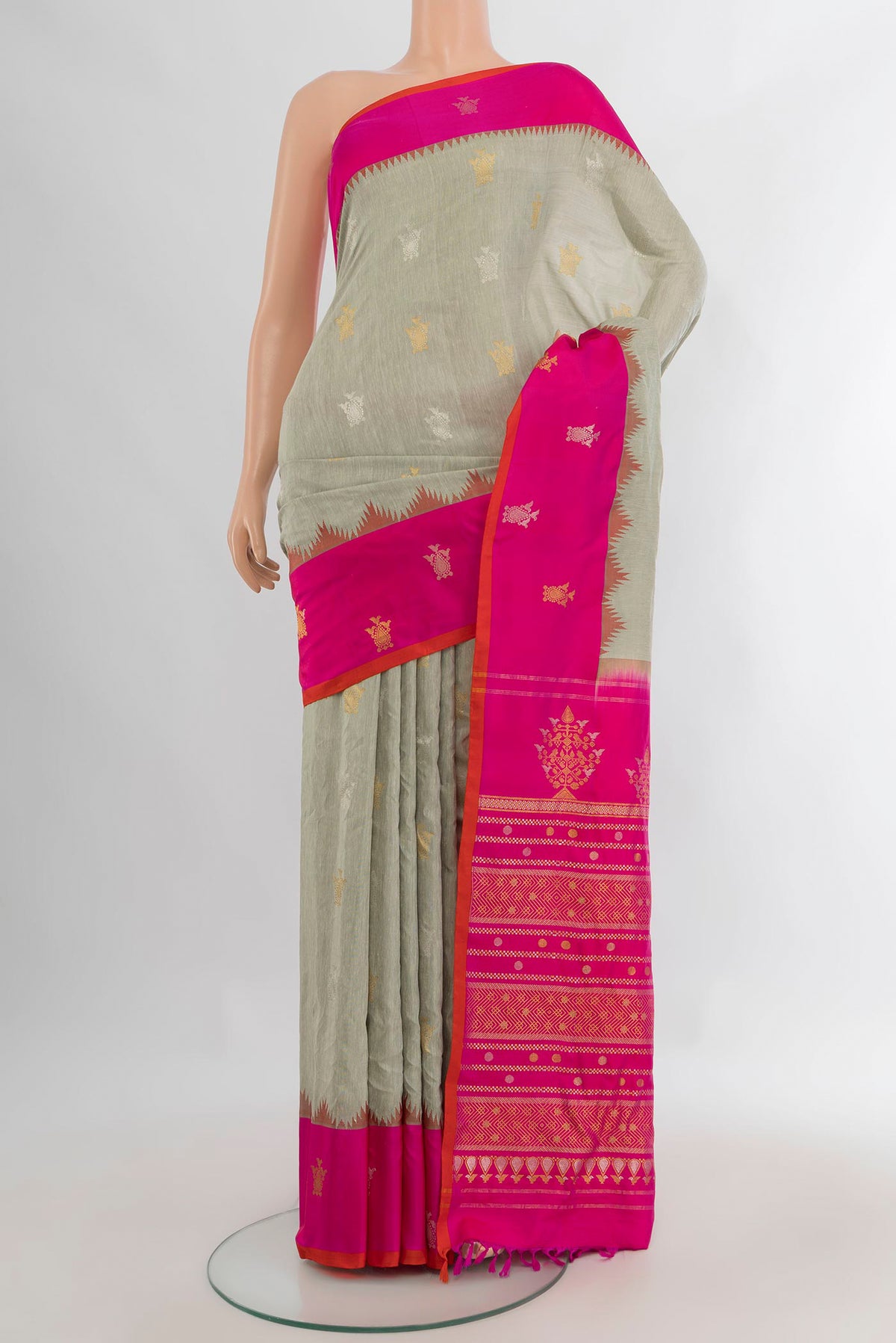 Pure Silk Grey Gadwal Saree with Zari Butta on the body and Zari Border.  displayed on a mannequin