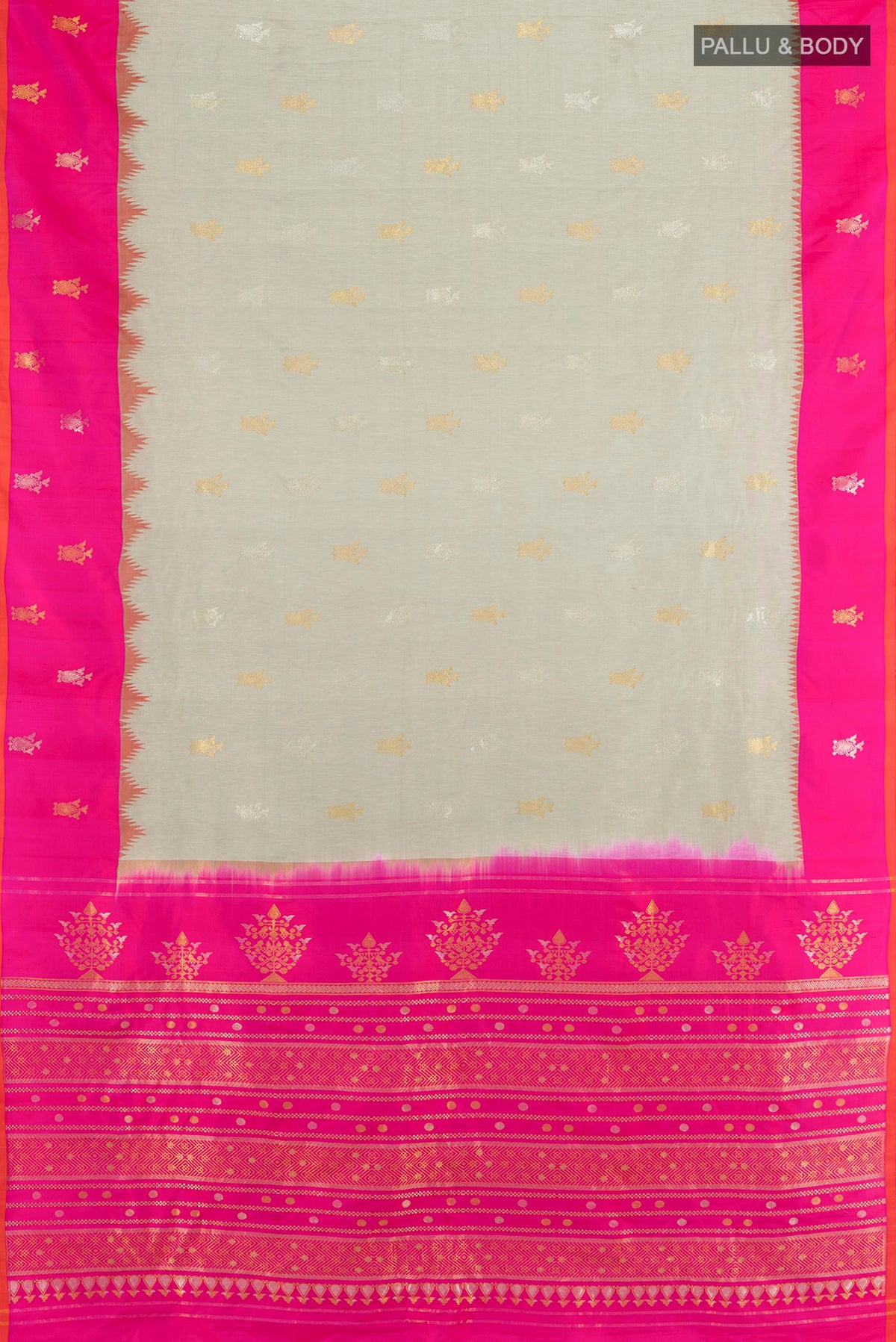 Flat view of Pure Silk Grey Gadwal Saree with Zari Butta on the body and Zari Border. 