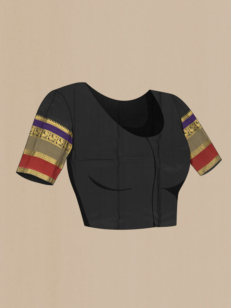 Close up image of the blouse of Black Kanjivaram Silk Saree with Zari Butta on the body and Silk Border. 