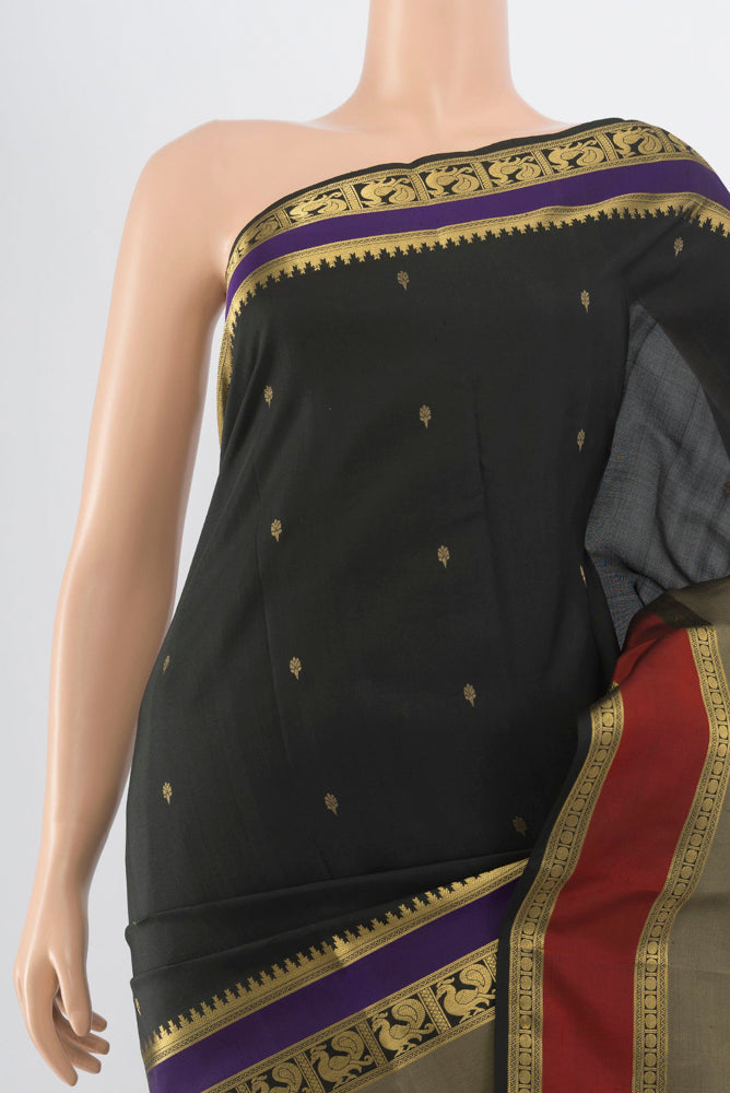 Border image of Black Kanjivaram Silk Saree with Zari Butta on the body and Silk Border. 