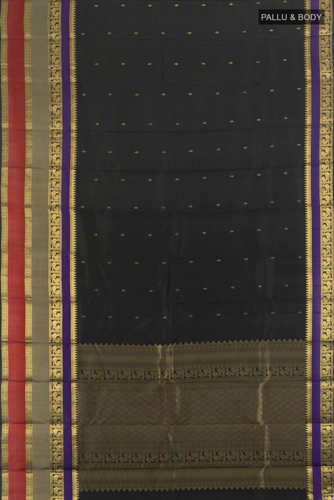 Flat view of Black Kanjivaram Silk Saree with Zari Butta on the body and Silk Border. 