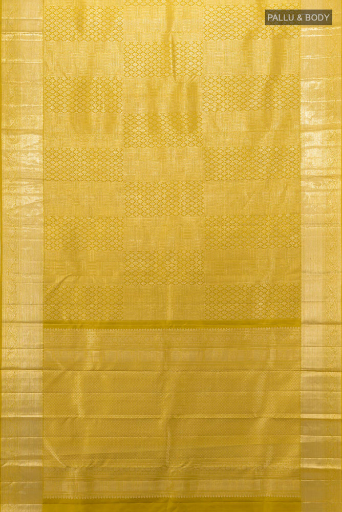Flat view of Pure Silk Pure Zari Mehandi Green Kanchipuram Saree with Zari Butta on the body and Silk Border. 