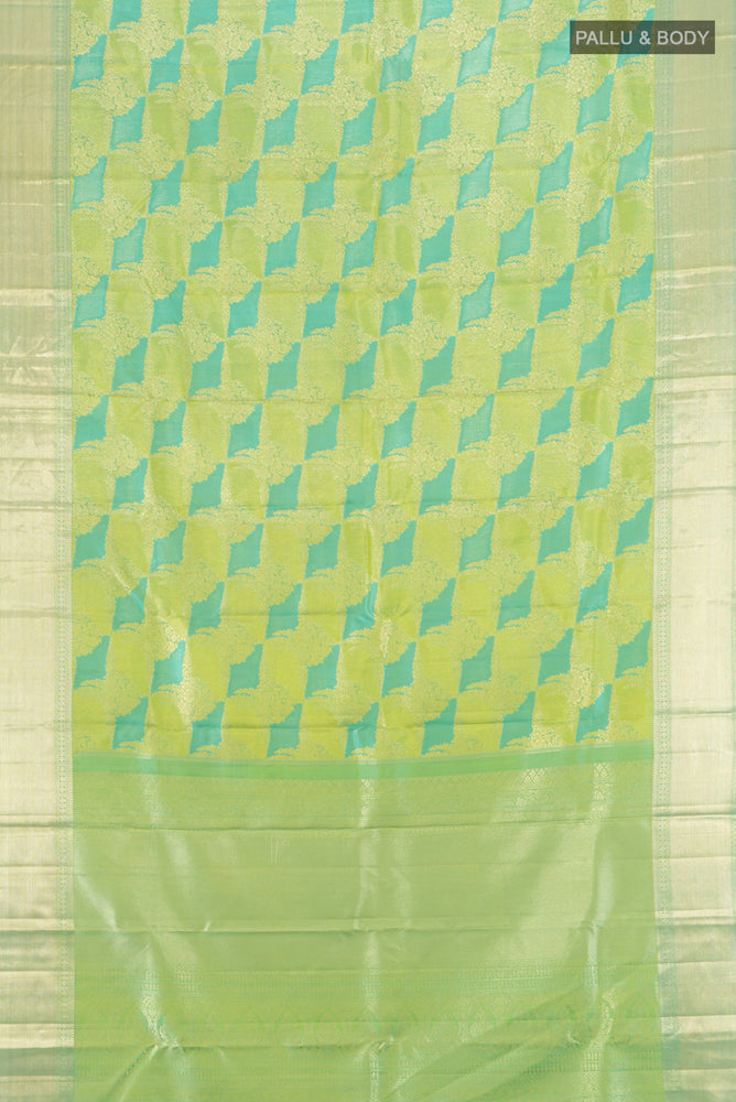 Flat view of Multi Color Kanjivaram Silk Saree with Zari Butta on the body and Silk Border. 