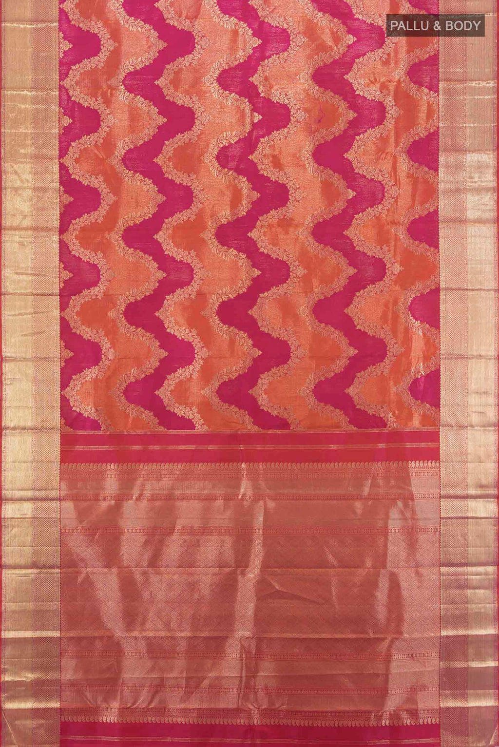 Flat view of Multi Color Kanjivaram Silk Saree with Zari Butta on the body and Silk Border. 