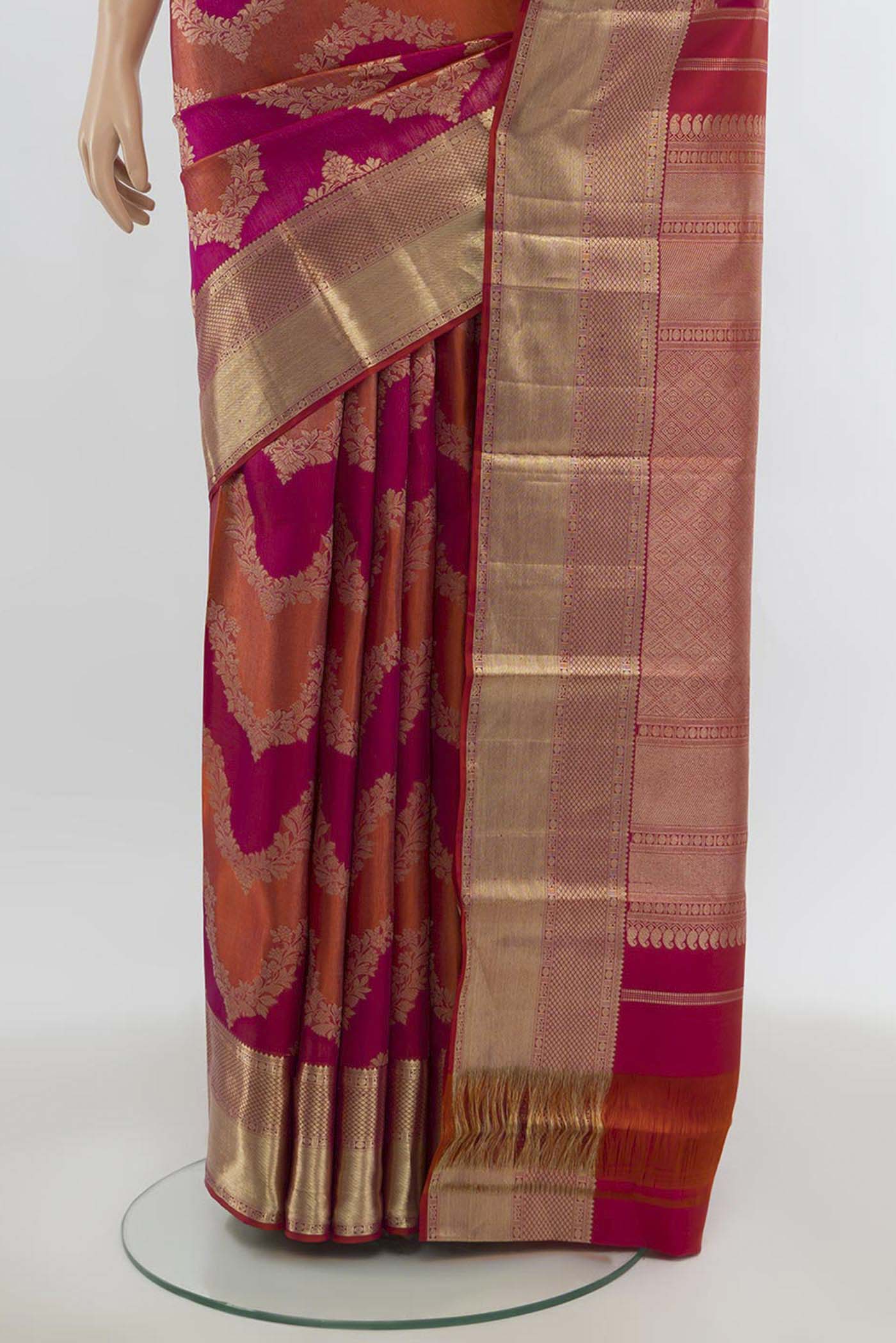 Pleats and pallu of Multi Color Kanjivaram Silk Saree with Zari Butta on the body and Silk Border. 