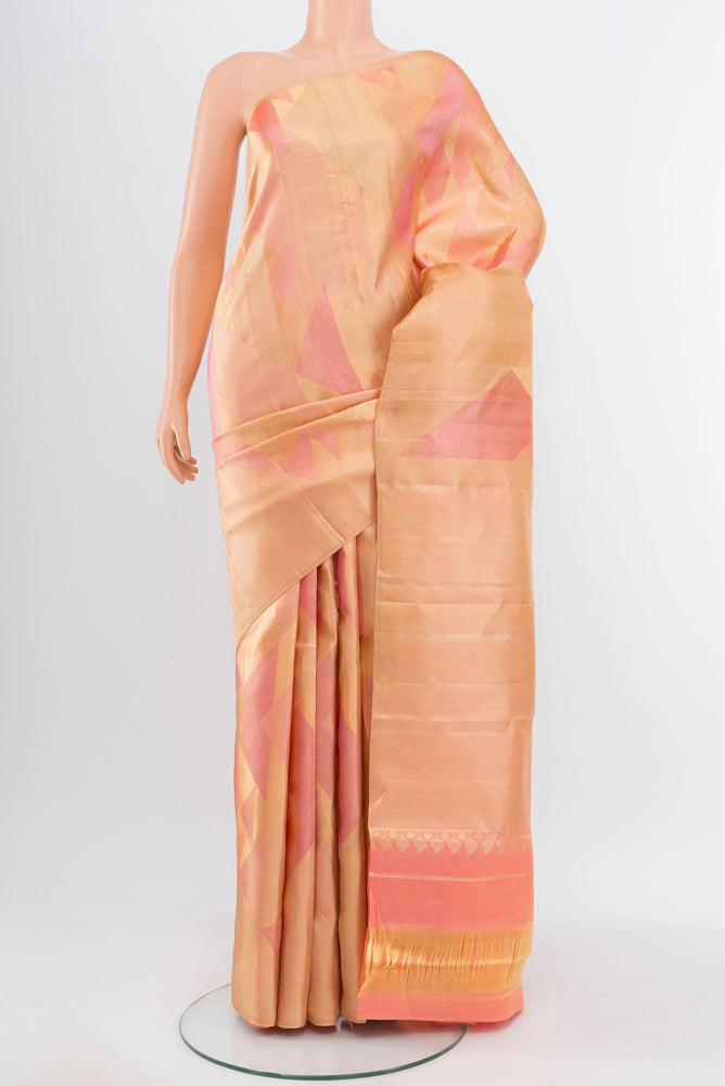 Pure Silk Pure Zari Golden Kanjivaram Saree with Zari Butta on the body and Silk Border.  displayed on a mannequin
