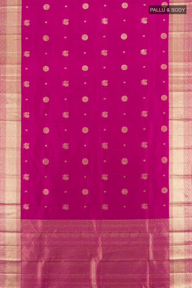 Flat view of Purple Kanjivaram Silk Saree with Plain Body and Silk Border. 