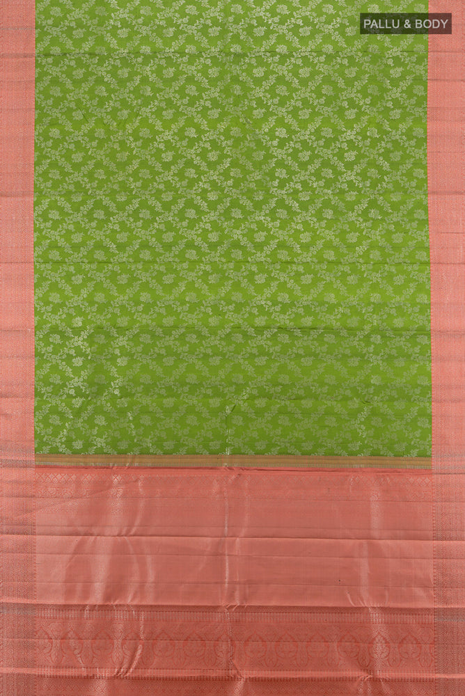 Flat view of Light Green Kanjivaram Silk Saree with Zari Brocade on the body and Silk Border. 