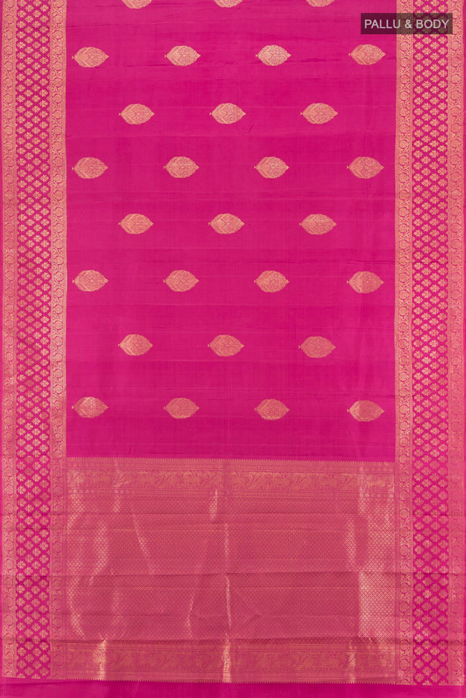 Flat view of Imperial Pink Kanjivaram Silk Saree with Zari Butta on the body and Silk Border. 