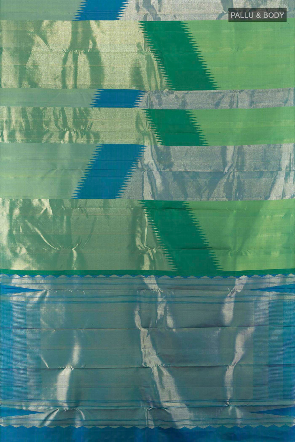 Flat view of Green Kanchipuram Silk Saree with Zari Butta on the body and Silk Border. 