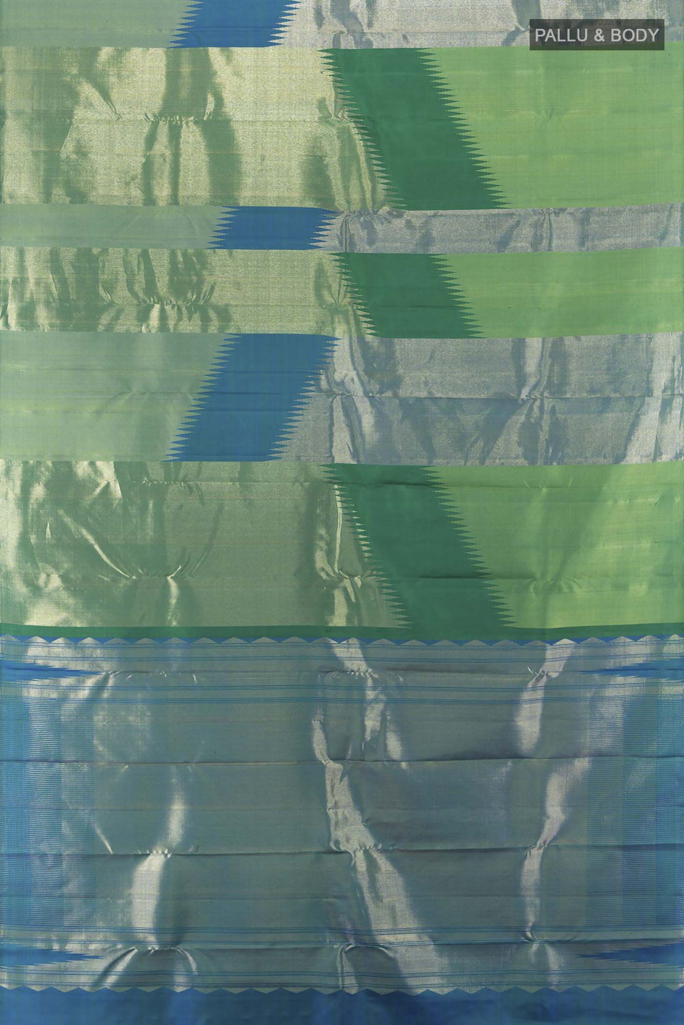 Flat view of Green Kanchipuram Silk Saree with Zari Butta on the body and Silk Border. 