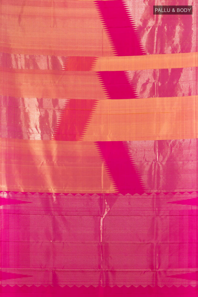 Flat view of Multi Color Kanchipuram Silk Saree with Zari Butta on the body and Silk Border. 