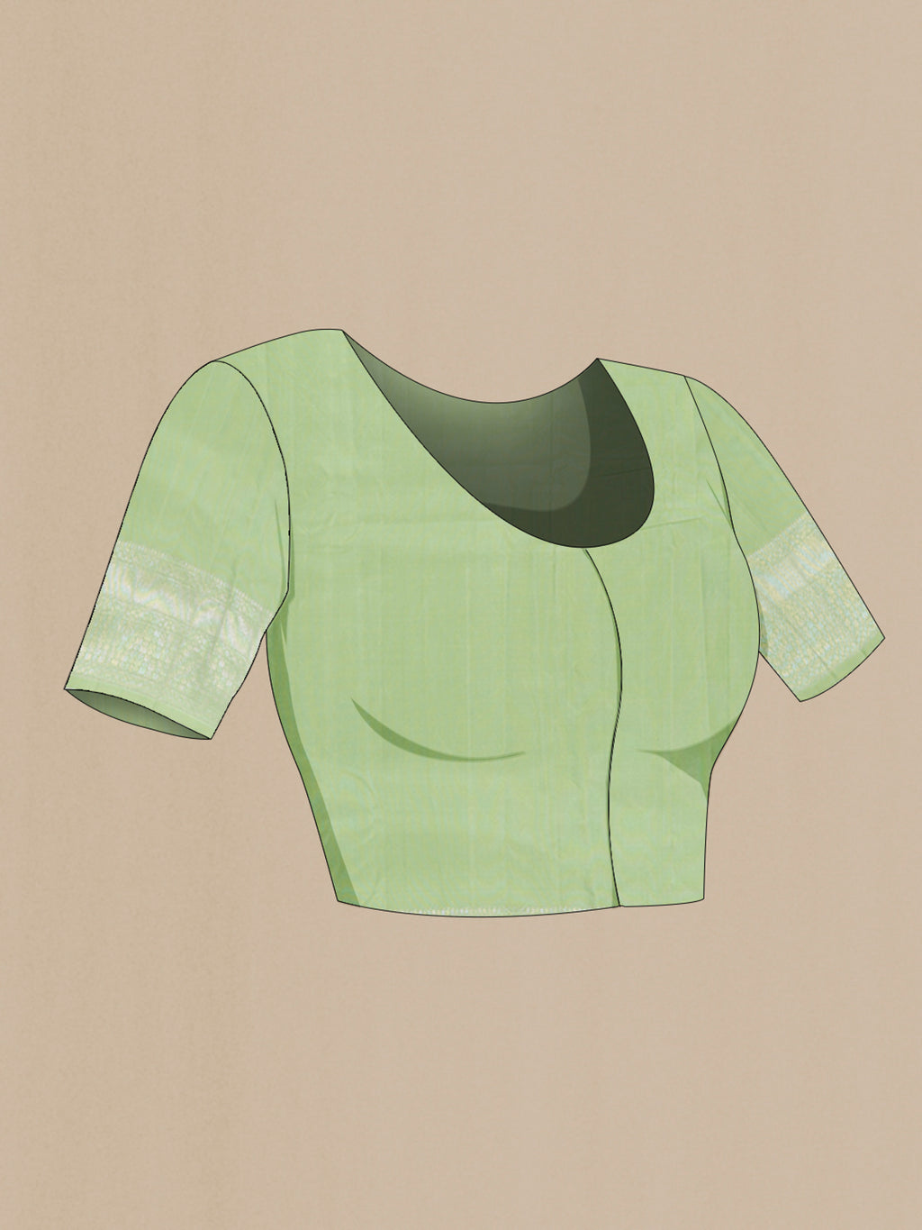 Close up image of the blouse of Pista Green Kanchipuram Silk Saree with Zari Brocade on the body and Zari Border. 