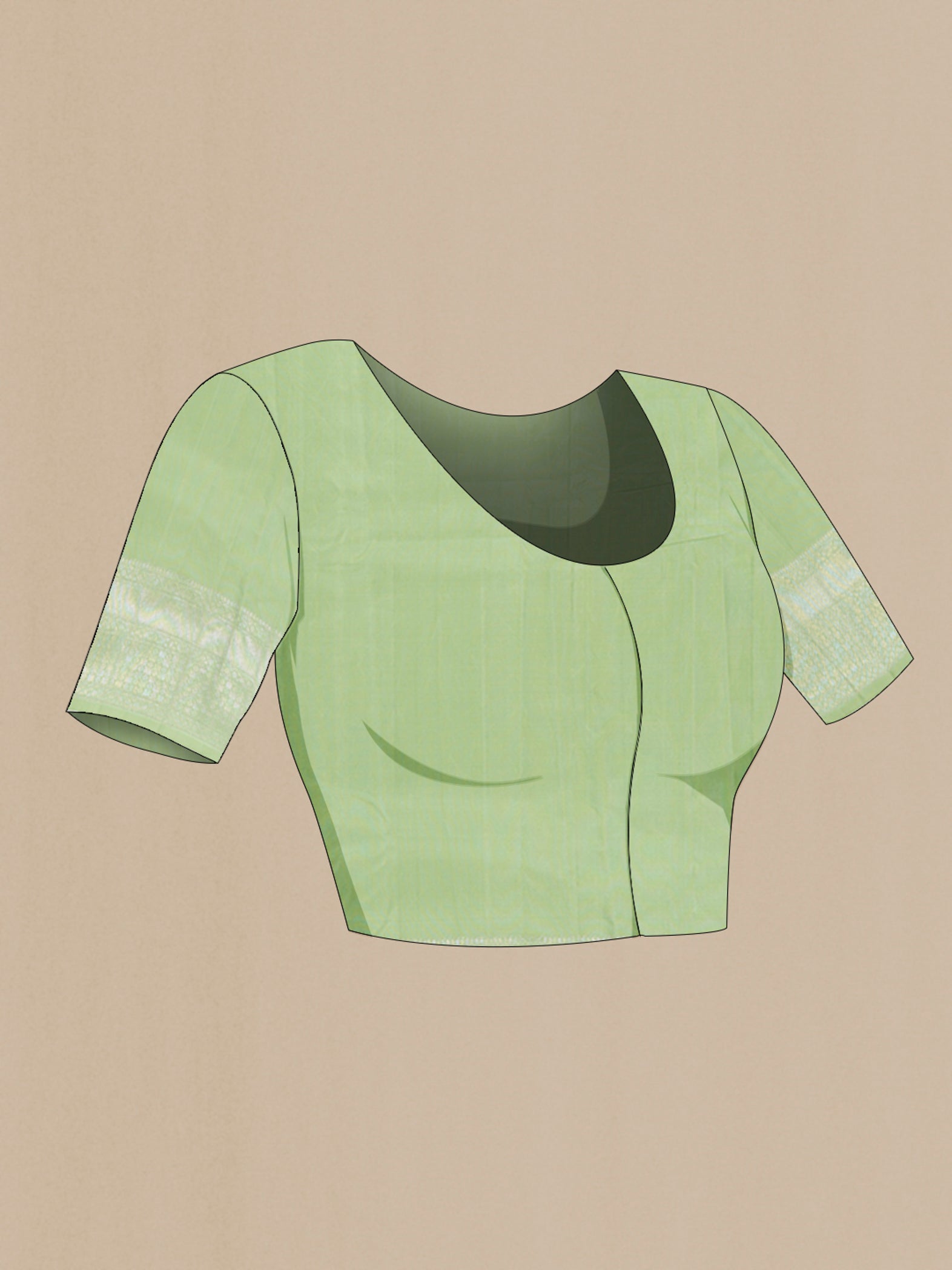 Close up image of the blouse of Pista Green Kanchipuram Silk Saree with Zari Brocade on the body and Zari Border. 