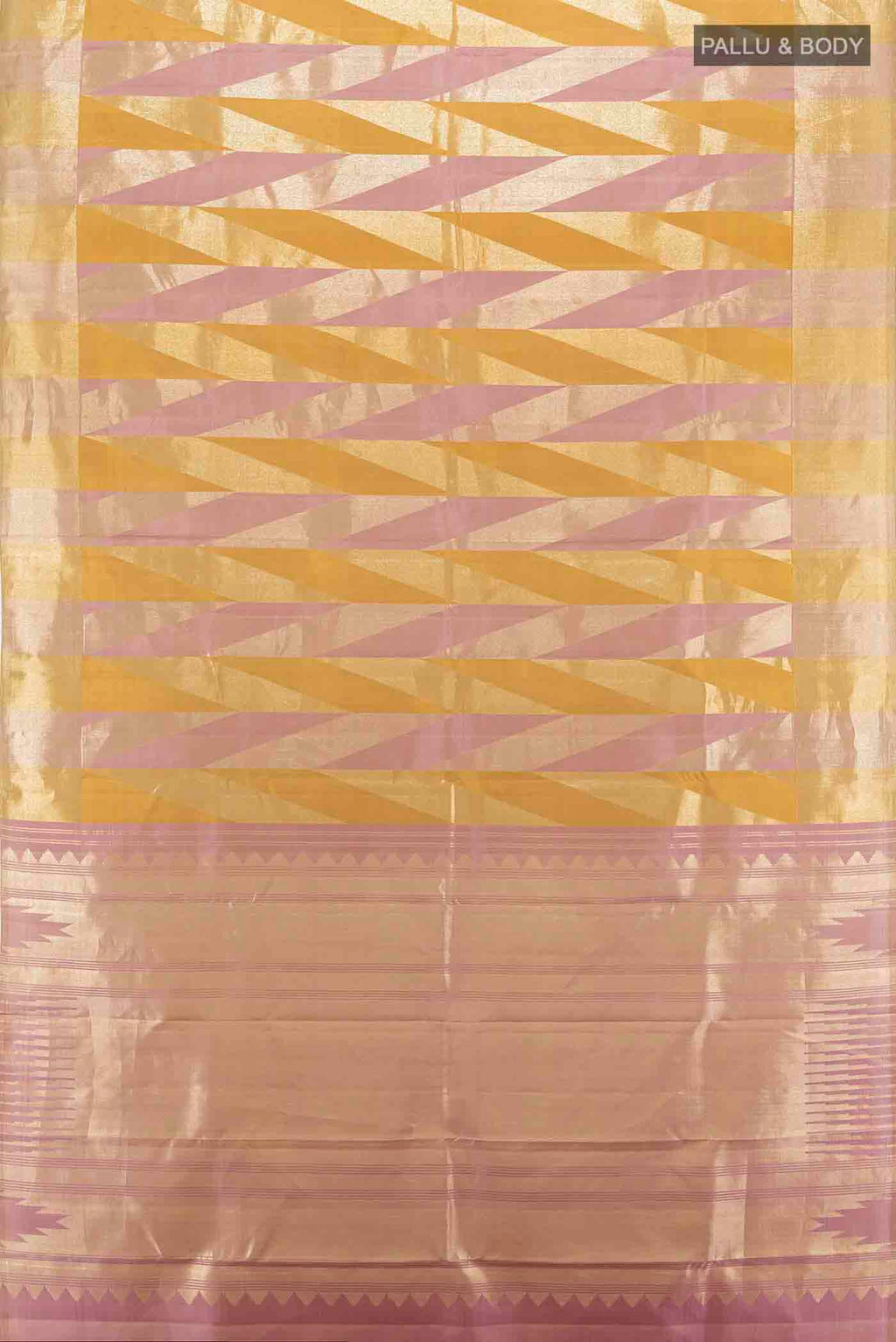 Flat view of Golden Kanchipuram Silk Saree with Zari Butta on the body and Silk Border. 