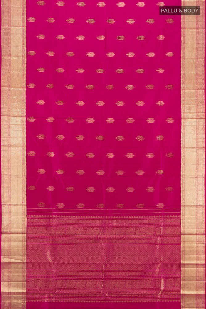 Flat view of Pure Silk Pure Zari Magenta Kanjivaram Saree with Zari Butta on the body and Silk Border. 