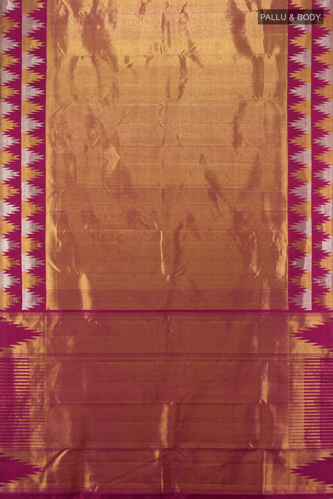 Flat view of Golden Kanchipuram Silk Saree with Zari Butta on the body and Silk Border. 