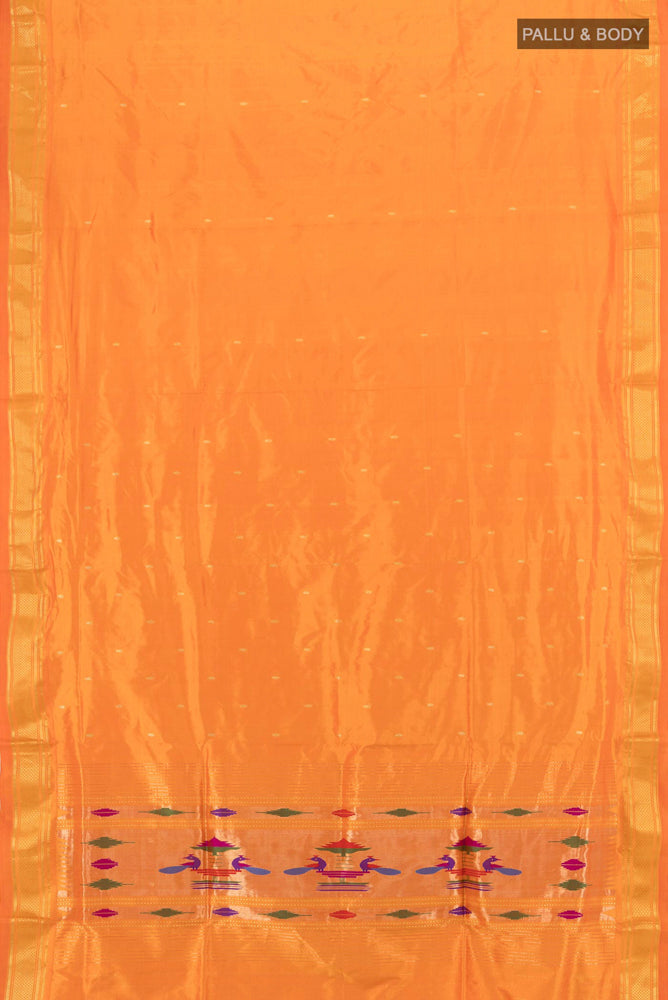 Flat view of Orange Paithani Silk Saree with Zari Butta on the body and Silk Border. 