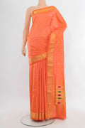 Coral Paithani Silk Saree with Zari Butta on the body and Zari Border.  displayed on a mannequin