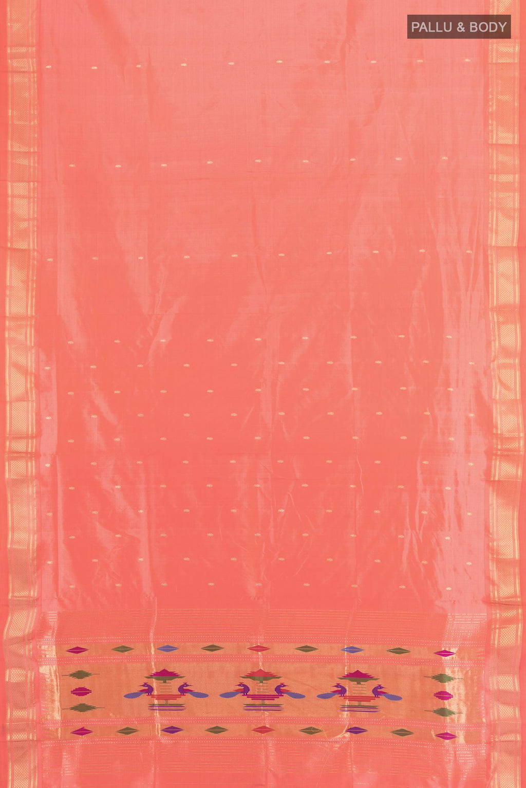 Flat view of Coral Paithani Silk Saree with Zari Butta on the body and Zari Border. 