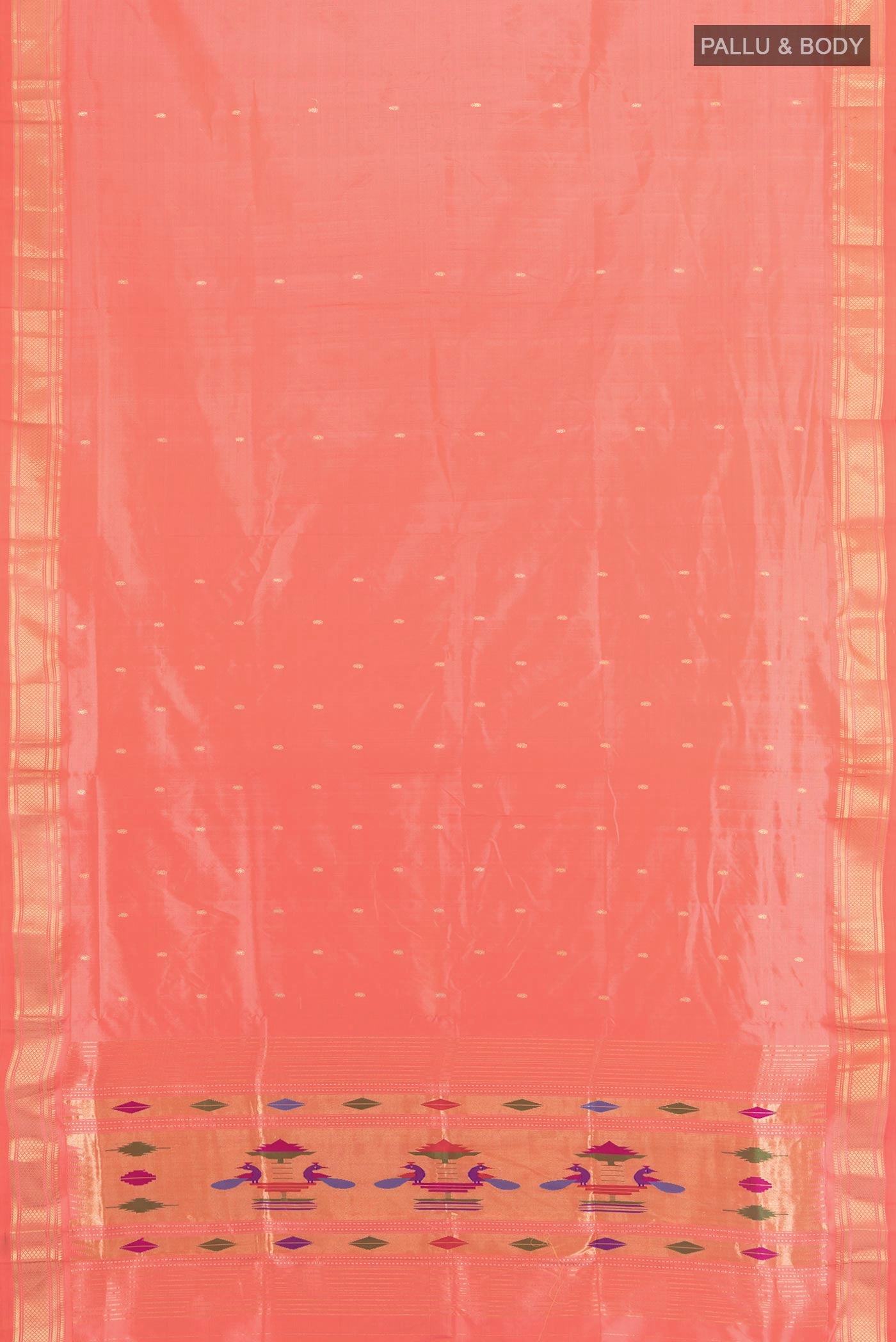 Flat view of Coral Paithani Silk Saree with Zari Butta on the body and Zari Border. 