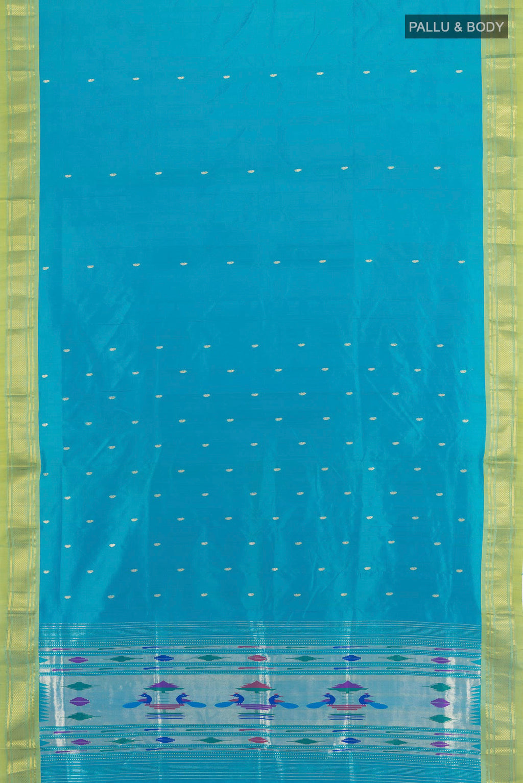 Flat view of Blue Paithani Silk Saree with Zari Butta on the body and Zari Border. 