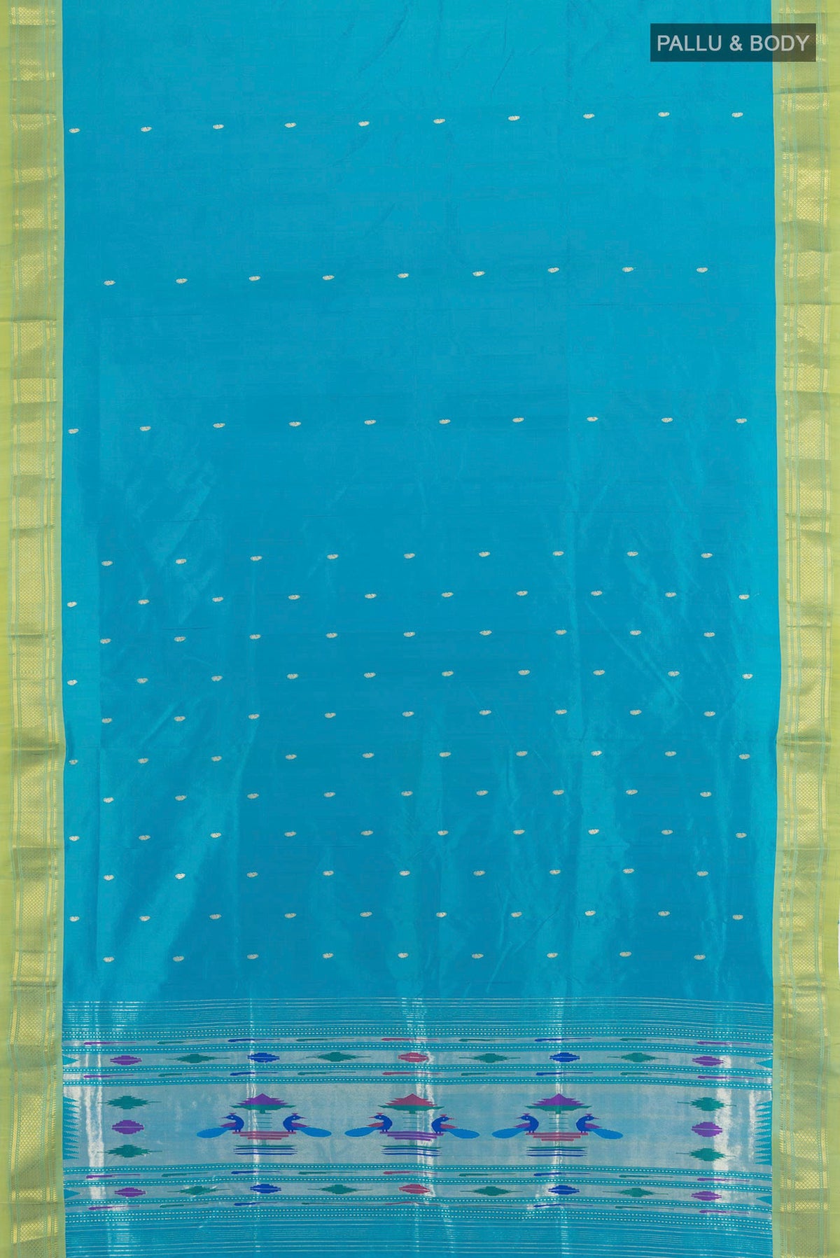 Flat view of Blue Paithani Silk Saree with Zari Butta on the body and Zari Border. 