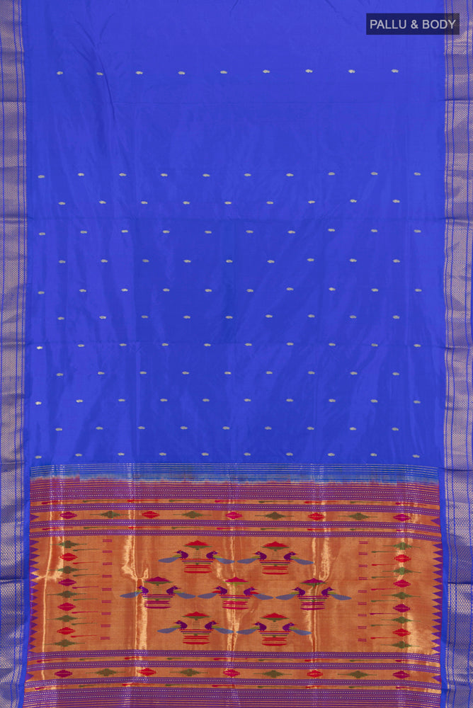 Flat view of Dark Blue Paithani Silk Saree with Zari Butta on the body and Silk Border. 