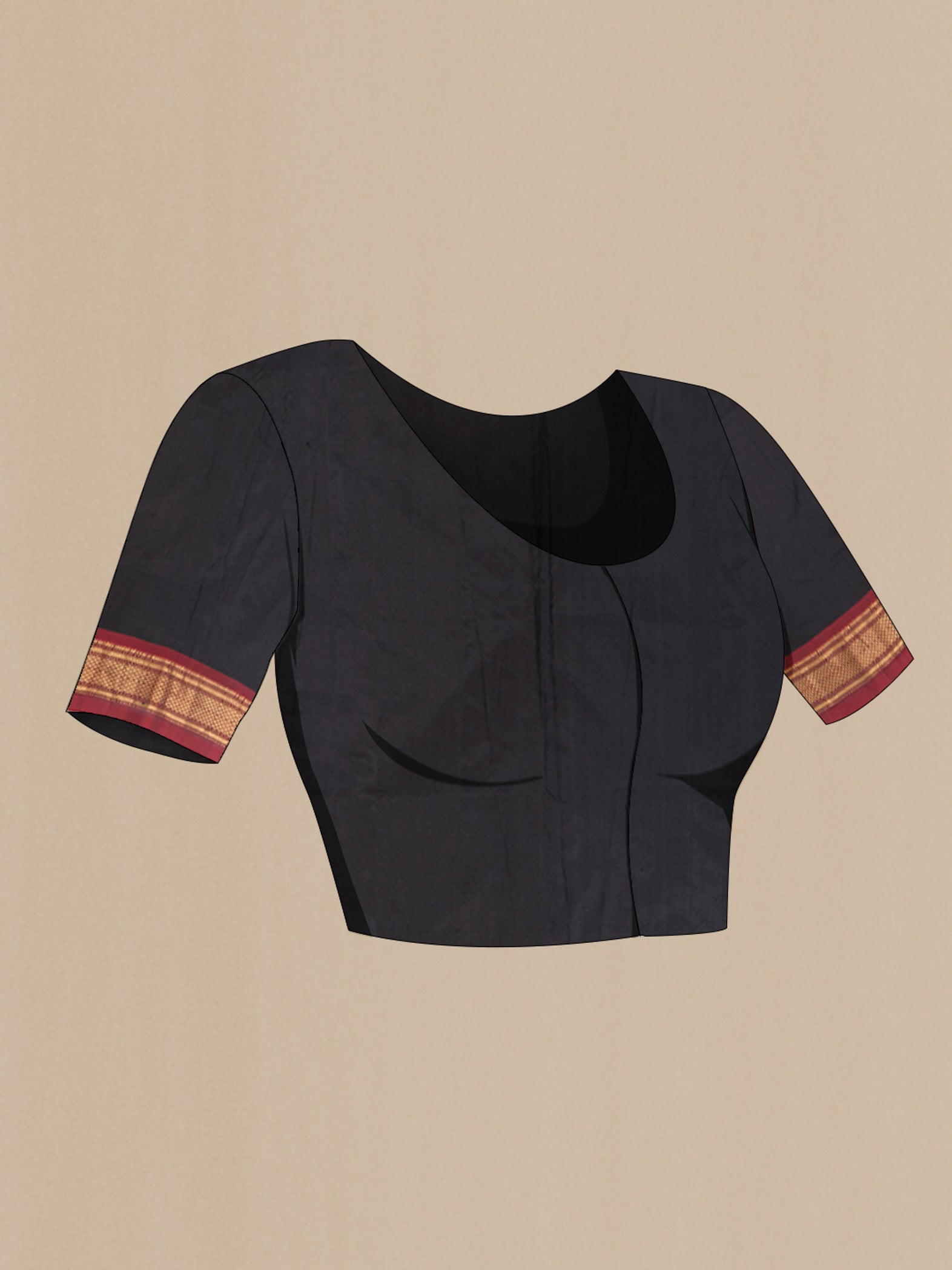 Close up image of the blouse of Black Paithani Silk Saree with Zari Butta on the body and Zari Border. 