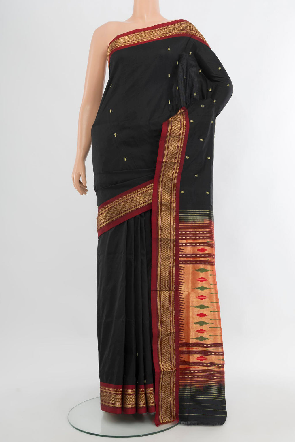 Black Paithani Silk Saree with Zari Butta on the body and Zari Border.  displayed on a mannequin